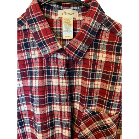 🍒 2/$20 🍒 Red Plaid with Lace Fringe and Explore Screen Print Flannel sz XL - Picture 4 of 8